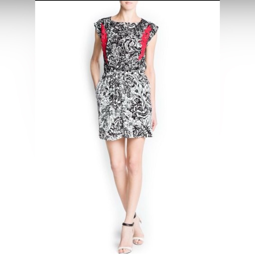 Mango Black and White Mini Dress with Red Details